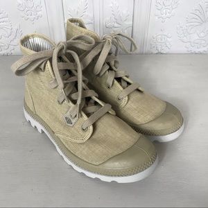 Palladium Ankle High Tan Canvas Lace Up Boot with Lug Sole